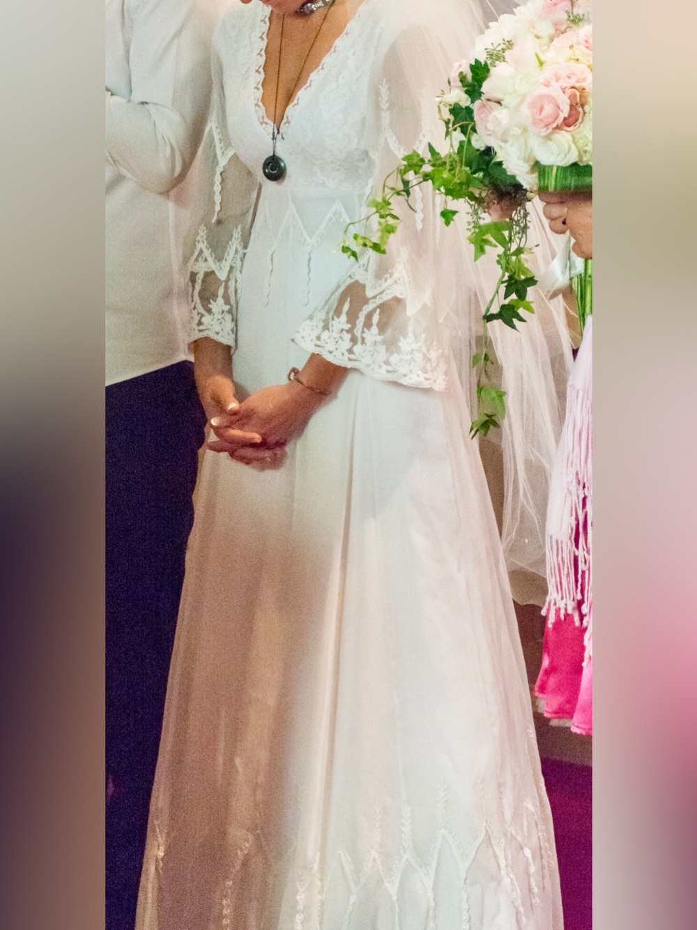Free People/Candela Collab pleated organza/embroidered lace V-Neck Boho Dress - Picture 3 of 14